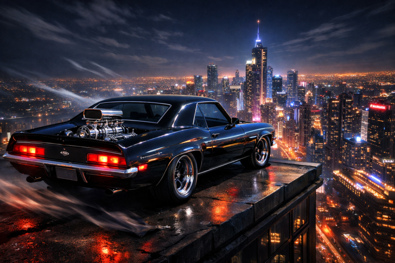 A black classic muscle car with a large engine sitting on a rooftop edge overlooking a brightly lit city skyline at night.