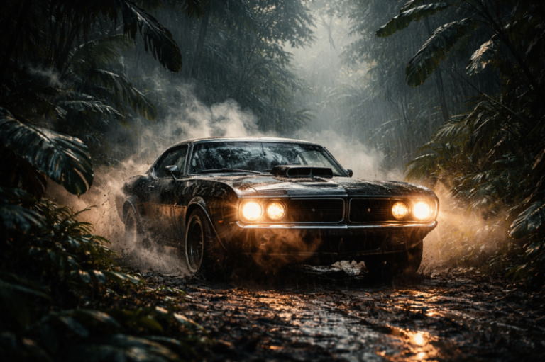 Black classic muscle car with headlights on driving fast through a wet jungle road with rain and mist around