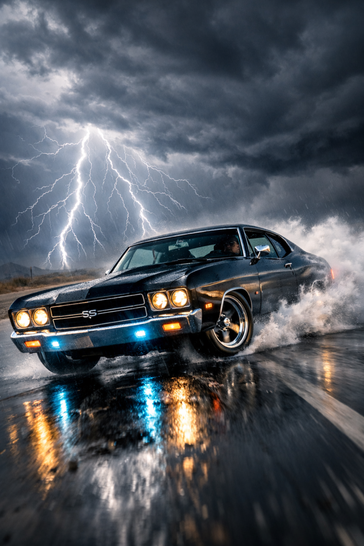 Black classic SS car drifting on wet road with headlights on as lightning strikes under dark stormy clouds