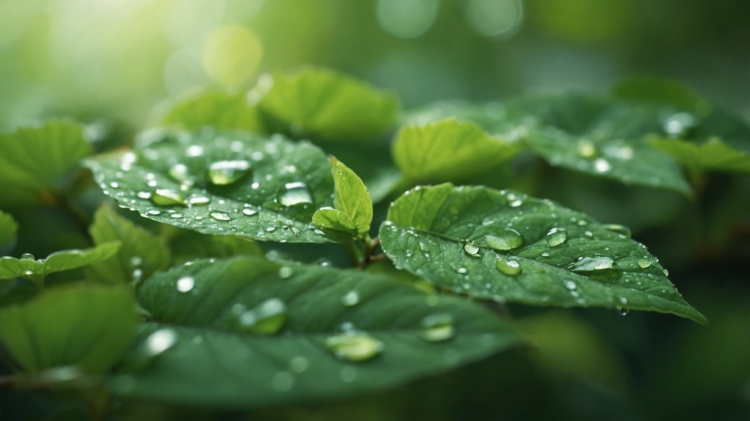 Sharp close-up view of fresh green leaves covered with clear water droplets in a natural setting