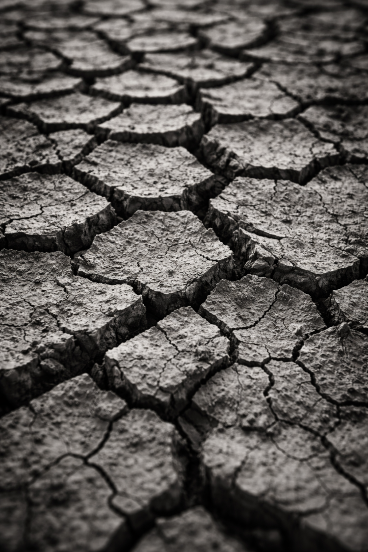 Detailed view of dry, cracked earth showing deep fissures and rough texture in a monochromatic style