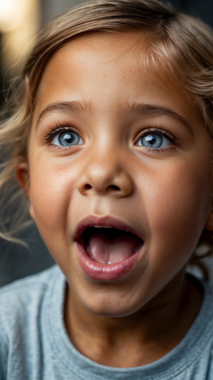 Close-up portrait of a child with striking blue eyes and an open mouth, expressing surprise or amazement
