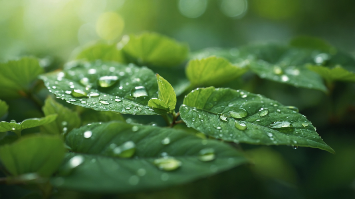 Macro photo of green leaves covered with water droplets in soft natural lighting and blurred garden background