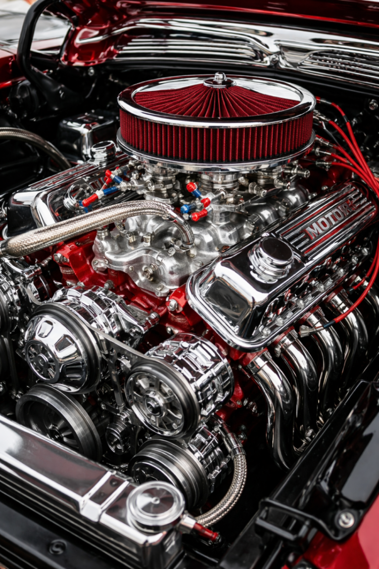Detailed close-up view of a polished high-performance car engine with chrome parts and a red air filter in a classic car engine bay