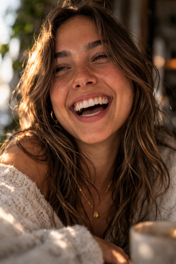 Close-up photo of a young woman with light brown hair, freckles, and a wide smile illuminated by natural sunlight