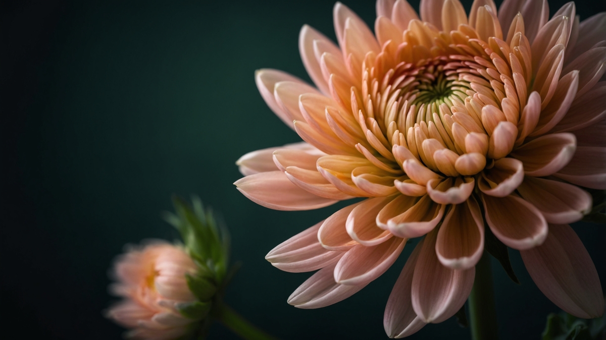 Detailed close-up of a soft pink chrysanthemum flower in full bloom with blurred background and subtle lighting