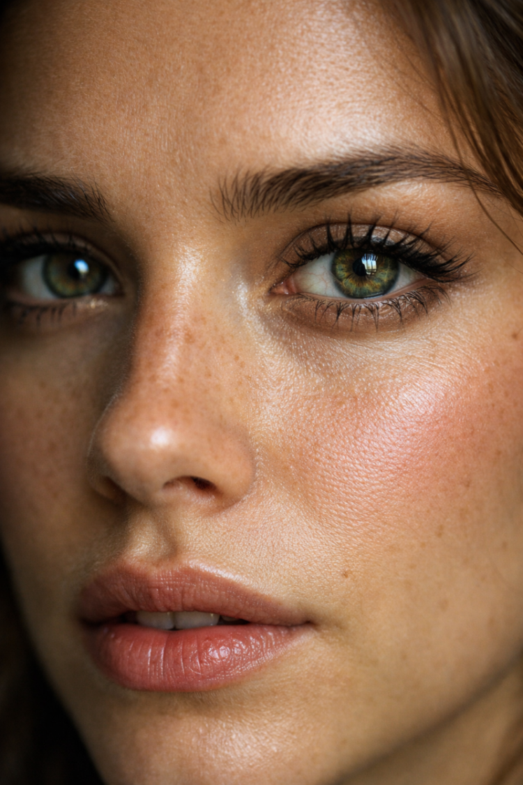 Detailed close-up of a woman's face showing green eyes, natural skin texture, freckles, and soft makeup on lips and cheeks