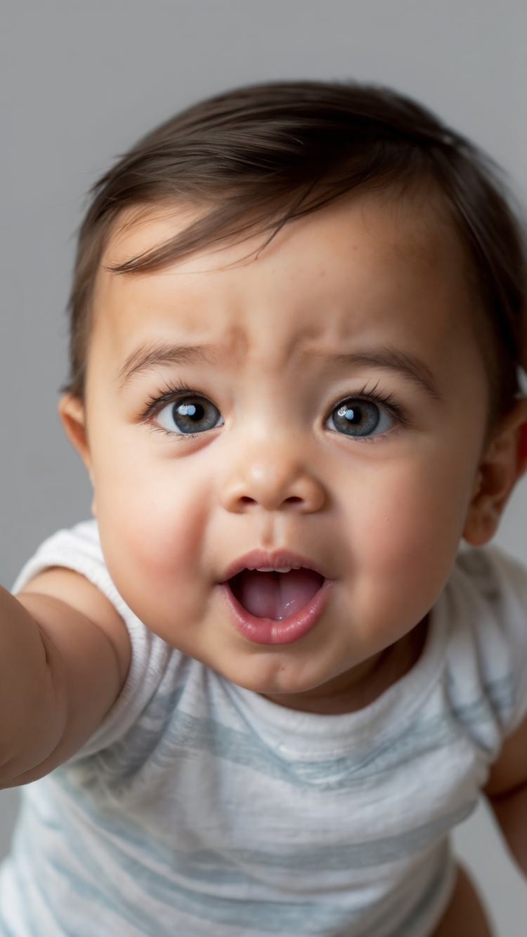 Close-up image of a curious baby with bright blue eyes and an expressive face reaching forward