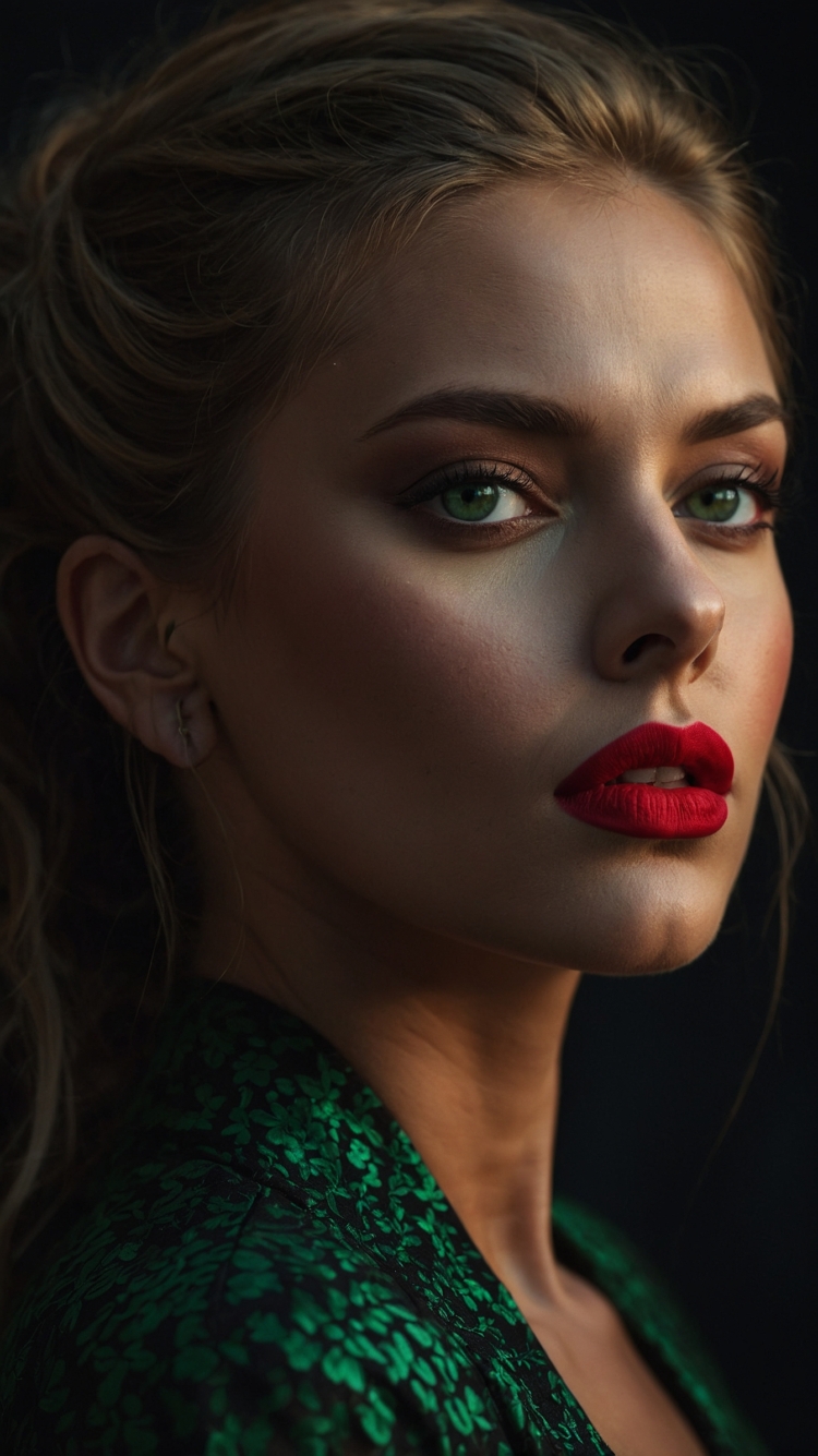 Close-up portrait of a woman with green eyes, striking red lipstick, and a green floral patterned top against a dark background.