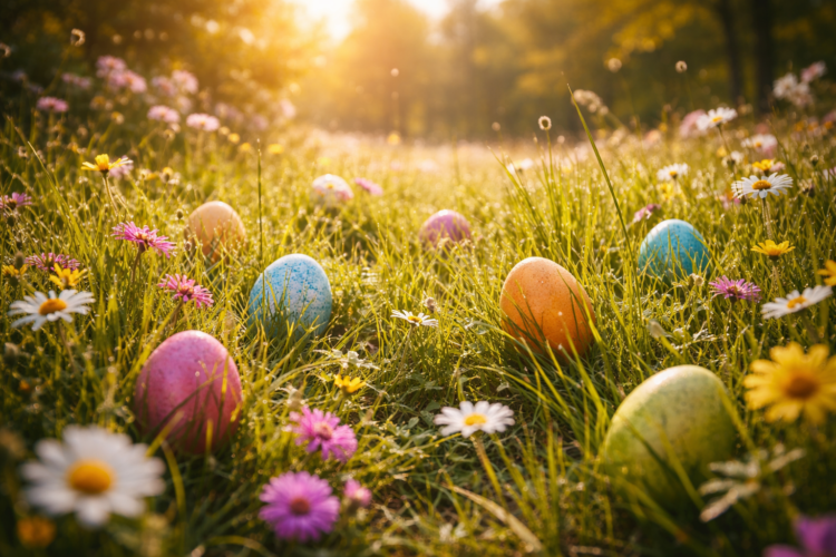 Colorful Easter eggs scattered in a grassy field with daisies and wildflowers glowing in warm sunlight