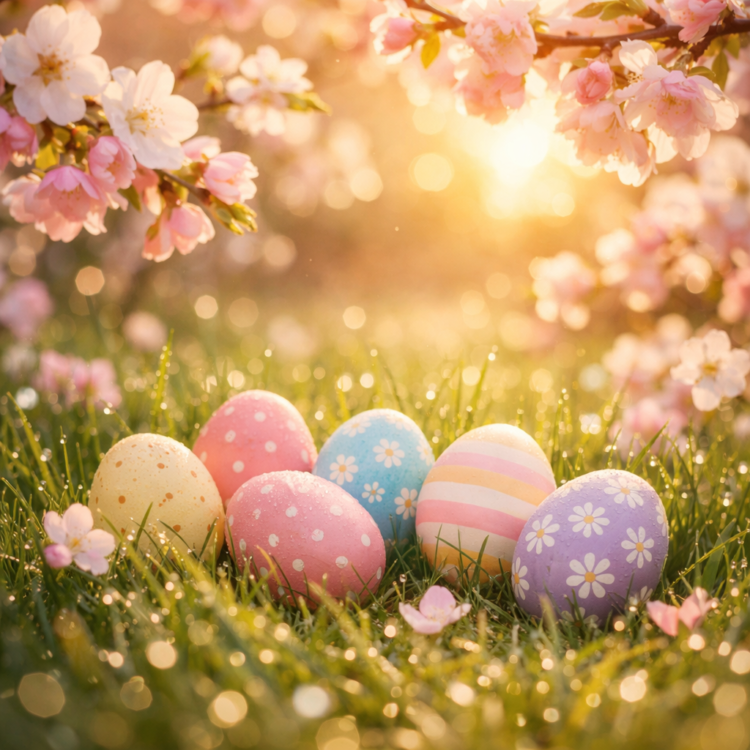 Decorative pastel Easter eggs with floral and striped patterns resting on dew-covered grass under blooming pink cherry blossoms at sunrise
