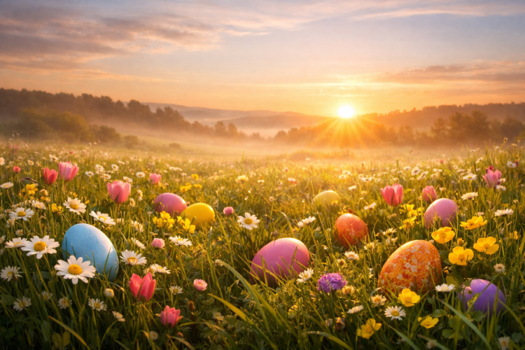 A scenic sunrise over a meadow filled with colorful Easter eggs among wildflowers and green grass