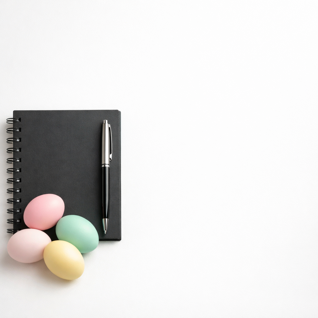 Pastel colored Easter eggs placed next to a black spiral notebook and pen on a white surface, minimal flat lay