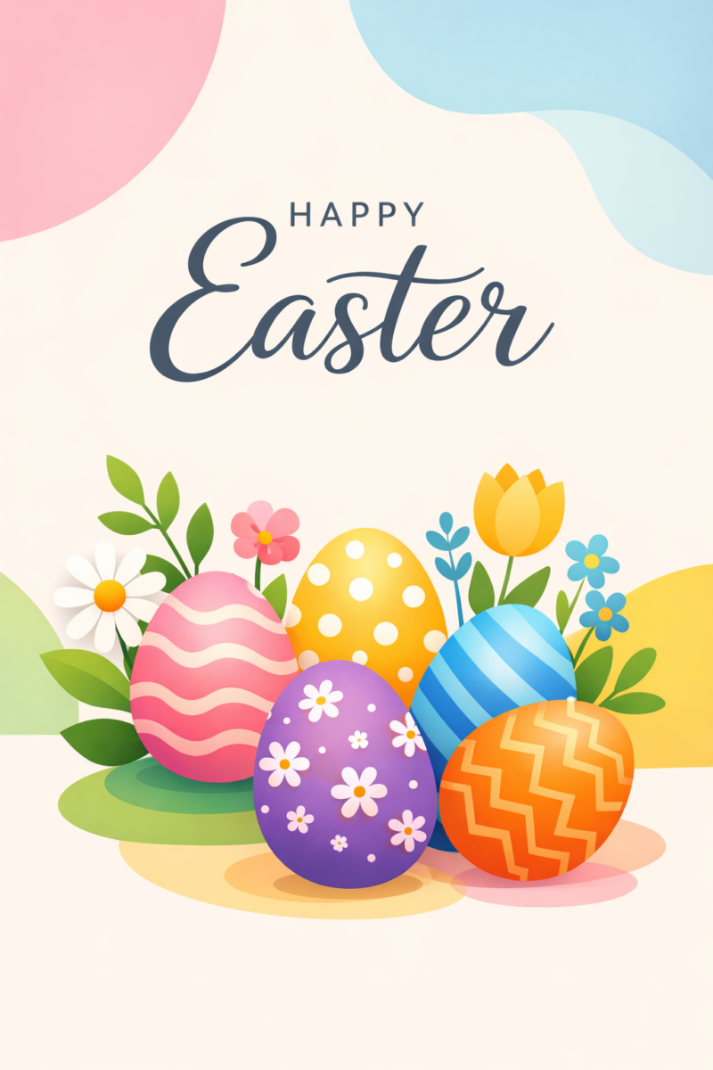 Brightly decorated Easter eggs surrounded by spring flowers beneath a cheerful Happy Easter greeting