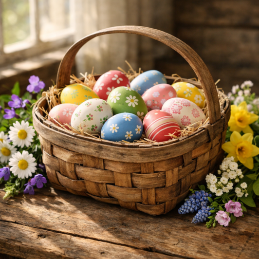 Woven basket filled with vibrantly painted Easter eggs decorated with floral patterns, surrounded by spring flowers