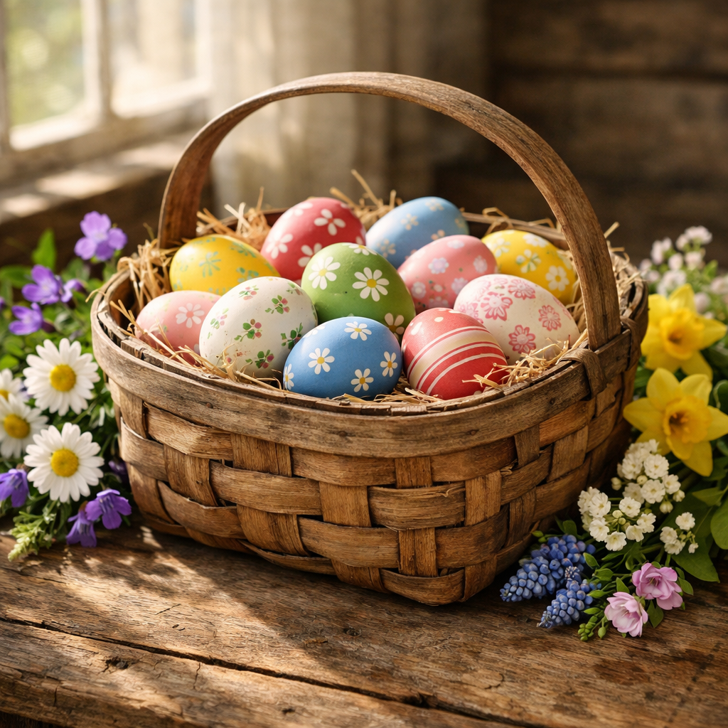 Woven basket filled with vibrantly painted Easter eggs decorated with floral patterns, surrounded by spring flowers