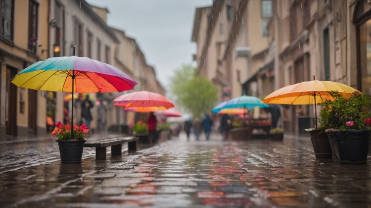 Wet cobblestone street with vibrant multicolored umbrellas covering flower pots on a rainy day in the city