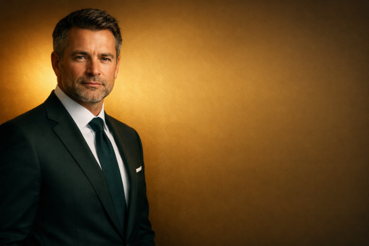 Portrait of a confident middle-aged businessman in a dark suit and tie, standing against a warm golden gradient background