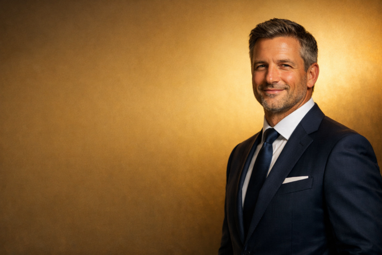Smiling middle-aged businessman in dark suit and blue tie posed against a warm golden background, exuding confidence and professionalism