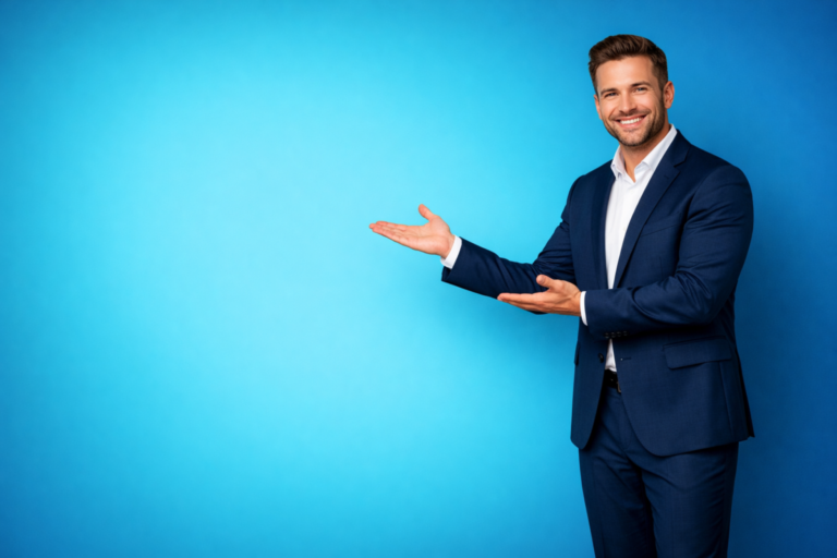 Smiling businessman in navy suit presenting with open hands against bright blue background