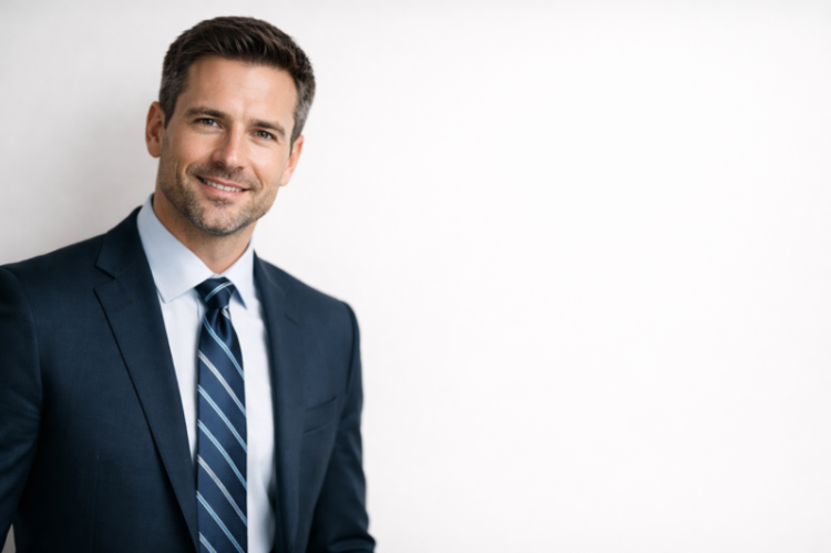 Smiling professional businessman in dark blue suit and striped tie against a white background