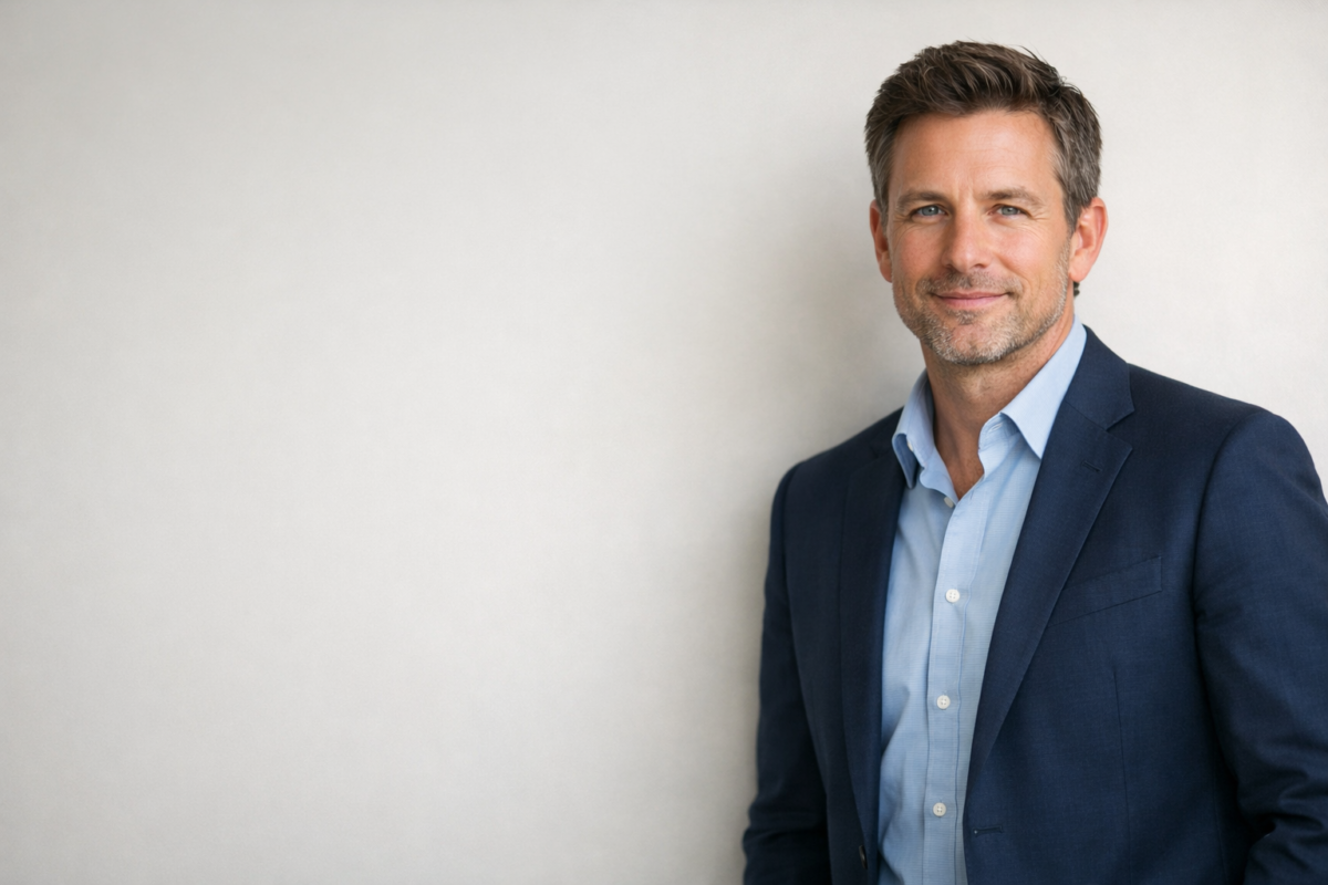 Professional middle-aged man in blue suit and light blue shirt smiling with soft confident expression against a neutral background