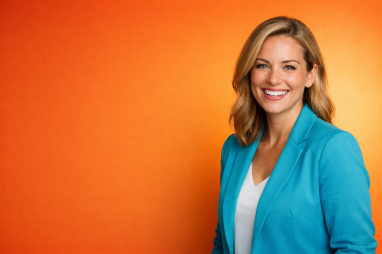 Smiling confident blonde businesswoman in a blue blazer with white top, standing against a bright orange background