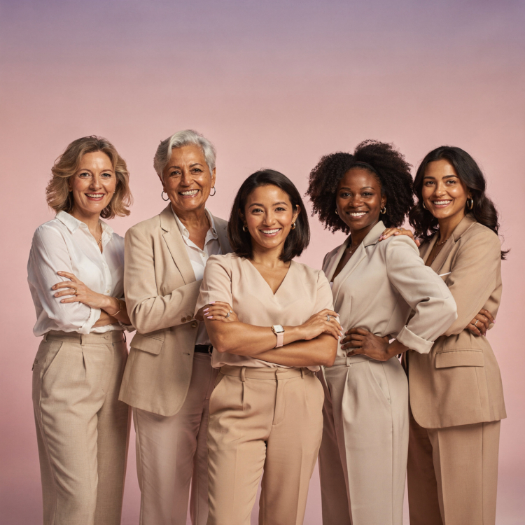 Group of five confident women of diverse backgrounds standing close, smiling, and dressed in neutral business attire against pink background