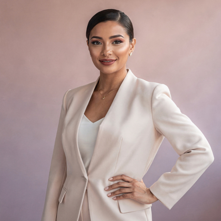 Confident woman smiling in beige blazer and white top posing with hand on hip against pastel background