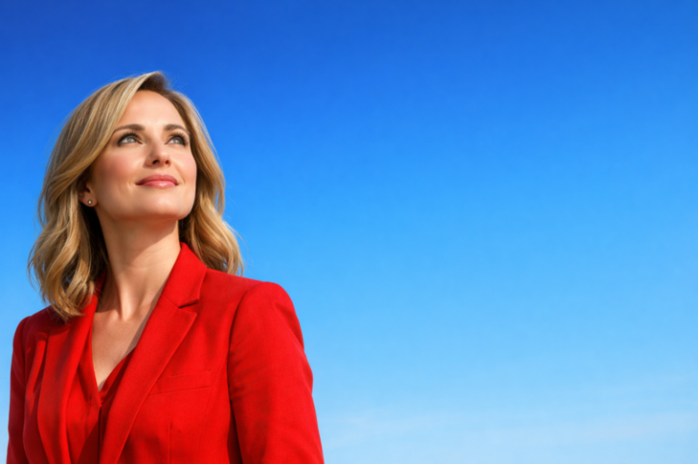 Portrait of a confident blonde woman wearing a red blazer looking upward with a blue sky background