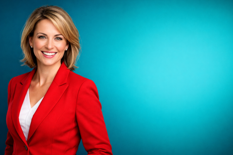 Smiling confident young woman with blonde hair in a red blazer against a bright blue background
