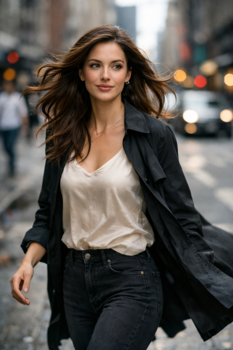 Young woman with flowing hair walking confidently on a city street wearing a black coat and white blouse