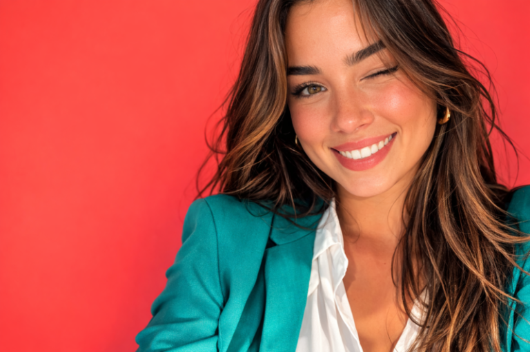 Close-up portrait of a confident young woman with brown hair smiling brightly and winking against a solid red background