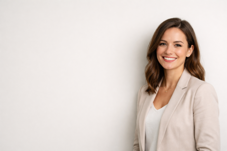 Smiling young woman with medium-length brown hair wearing a beige blazer and white top against a light background