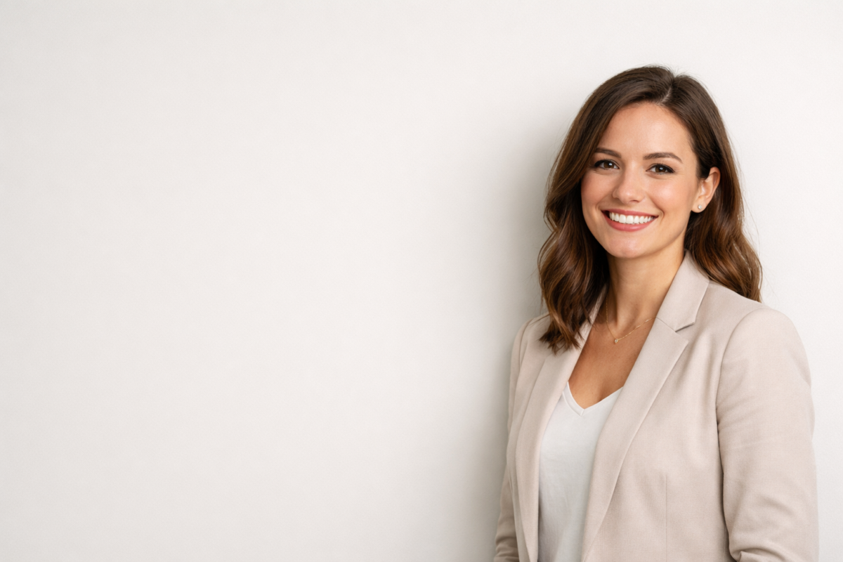 Smiling young woman with medium-length brown hair wearing a beige blazer and white top against a light background