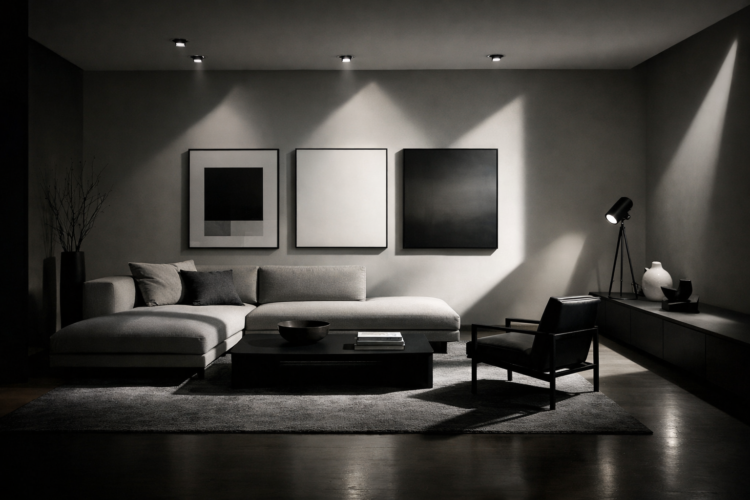 Elegant minimalist living room with a gray sectional sofa, black lounge chair, abstract wall art, and modern lighting