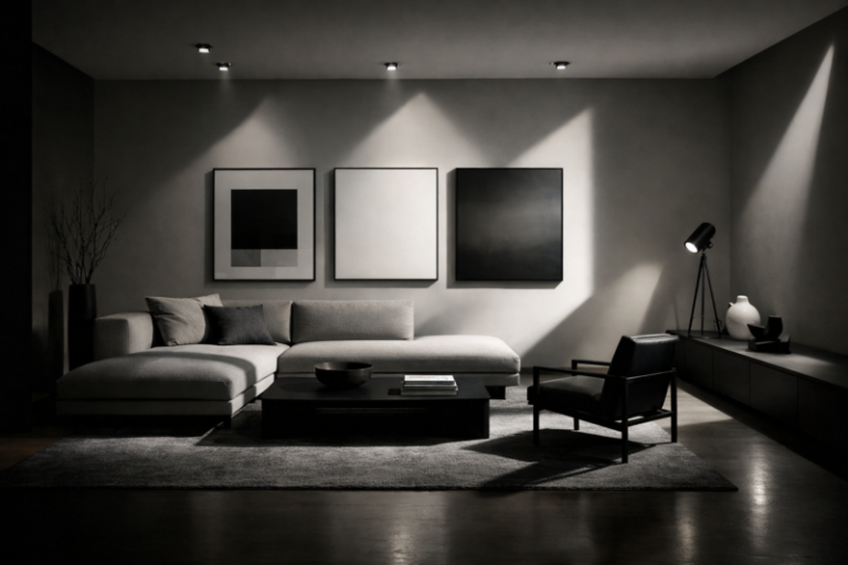 Elegant minimalist living room with a gray sectional sofa, black lounge chair, abstract wall art, and modern lighting