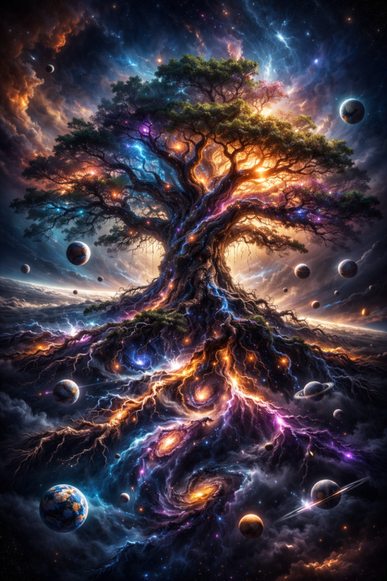 A surreal cosmic tree glowing with vibrant colors, roots and branches intertwining with galaxies and planets in deep space.