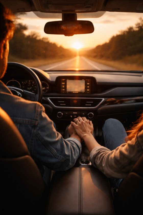 Couple holding hands inside a car driving towards the sunset on a quiet road surrounded by trees