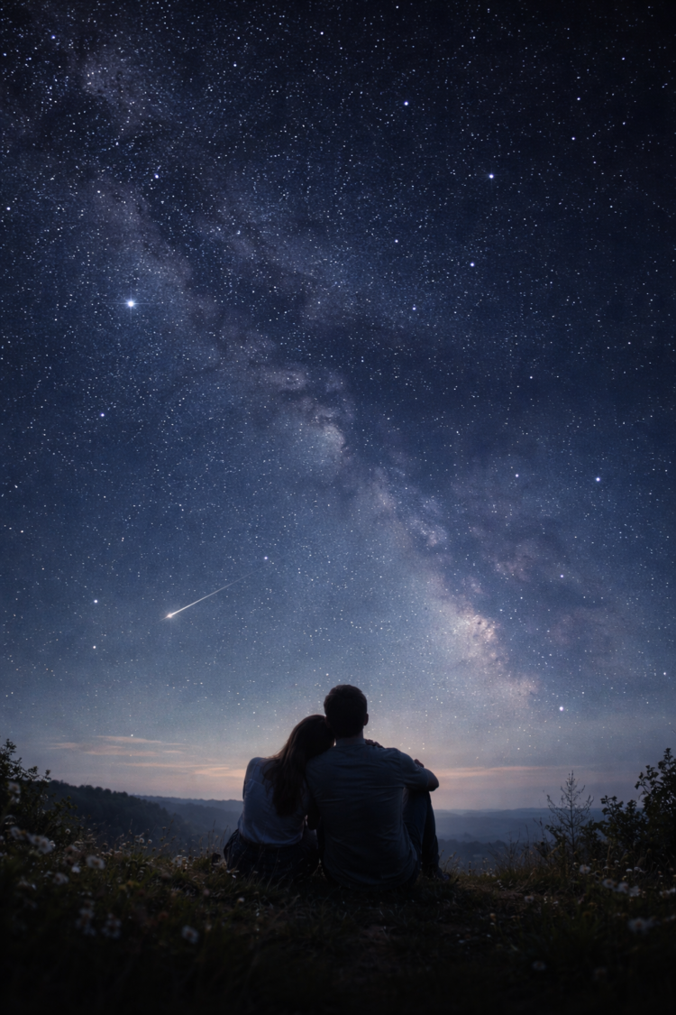 A couple sits closely together on a grassy hill, watching a star-filled night sky with the Milky Way and a shooting star visible