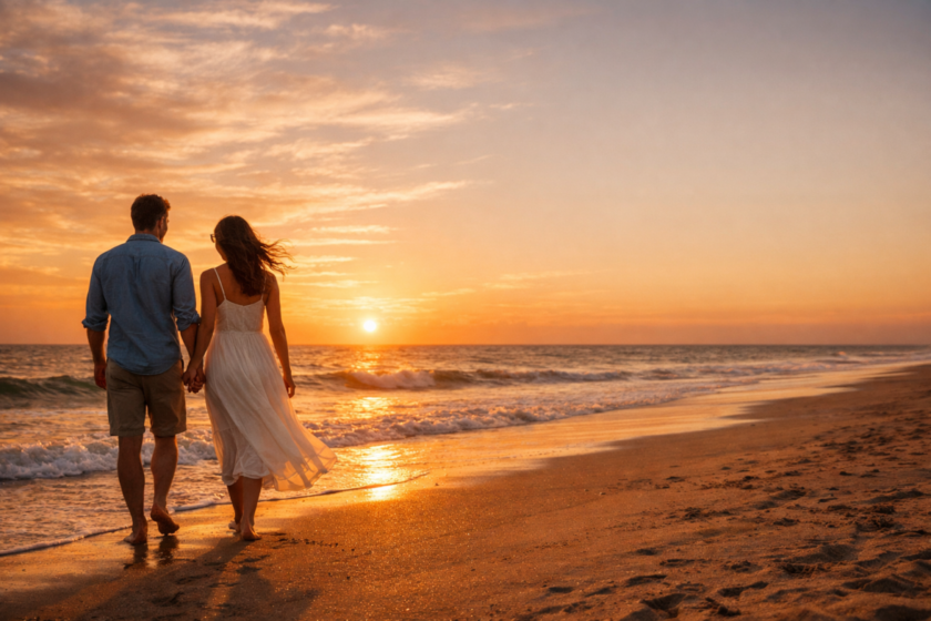 A couple holding hands walking barefoot along the beach at sunset with reflections on the water and warm sky hues