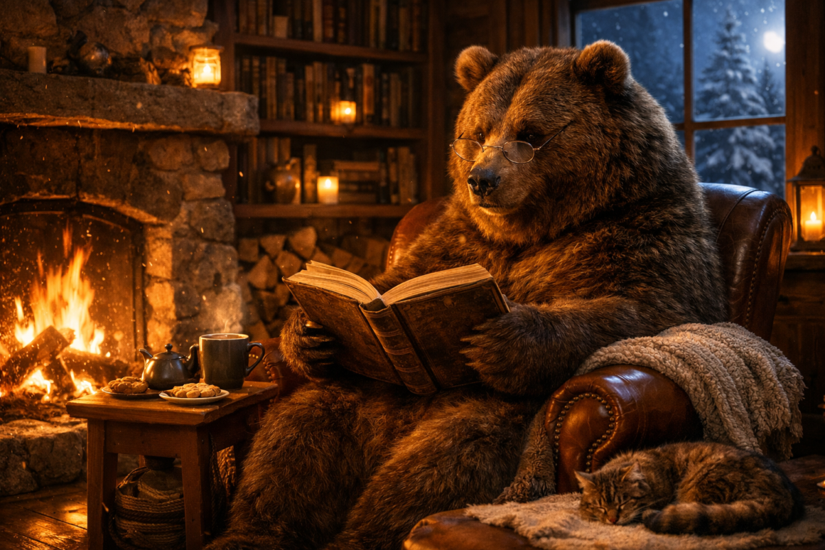 A large brown bear wearing glasses sits in a leather armchair reading a book by a warm fireplace, with a sleeping cat nearby.