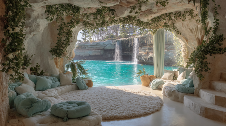 Elegant cave lounge with plush seating and cushions overlooking crystal clear turquoise water with a waterfall and rocky cliffs