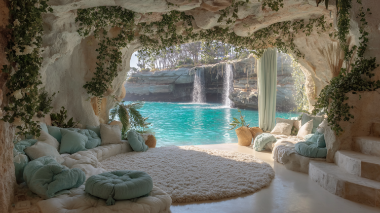 Natural cave interior with cushioned seating, plants, and a view of turquoise water and double waterfalls