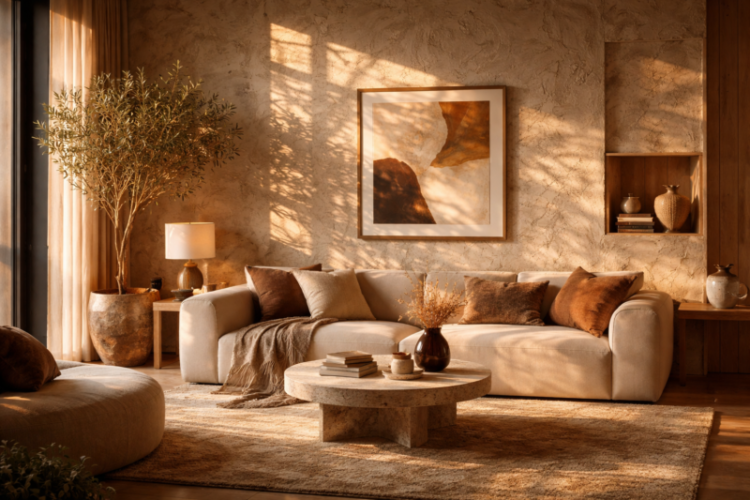 A warm, inviting living room with neutral sofa, earth-tone cushions, soft rug, and textured beige wall art illuminated by natural light