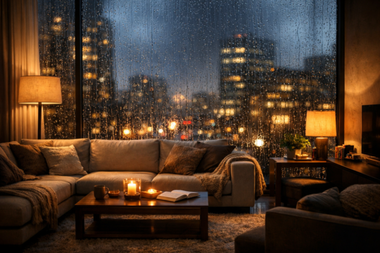 A warm and inviting living room with soft lighting, comfortable sofa, candles on coffee table, raindrops on window, and blurred city lights outside