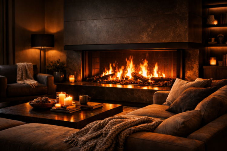 A stylish living room with a glowing fireplace, comfy sofas, ambient candles, and warm lighting creating a cozy atmosphere