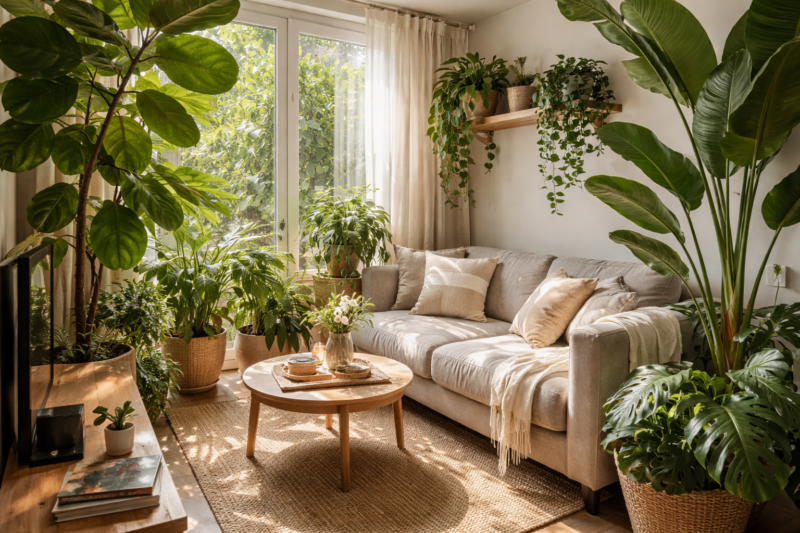 Sunlit living room featuring a light beige sofa surrounded by lush green indoor plants in woven pots and sheer curtains on large windows