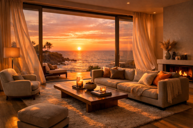 Elegant living room with plush furniture and a large window showcasing a stunning ocean sunset with palms and warm lighting indoors