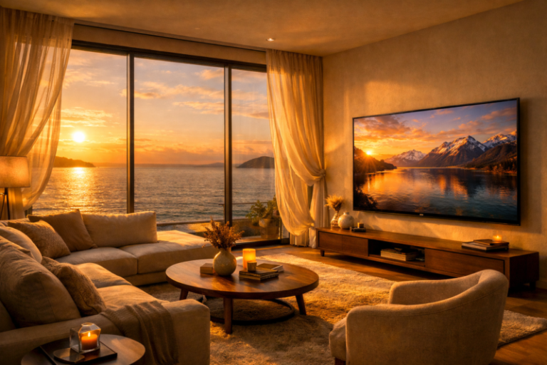 Warm cozy living room featuring a sectional sofa, round wooden coffee table, and large windows with orange sunset over the ocean